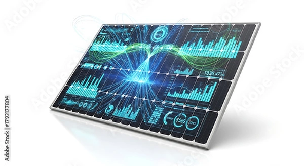 Fototapeta Solar panel with digital interface displaying energy data and connections, representing sustainable technology.