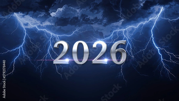 Fototapeta Dynamic 2026 year announcement with dramatic lightning strikes and stormy skies symbolizing change and impact