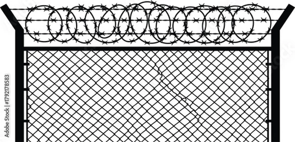 Fototapeta Security fence with barbed wire, diamond mesh pattern, protective barrier, metal structure, restricted zone, perimeter defense, danger symbol, safety design
