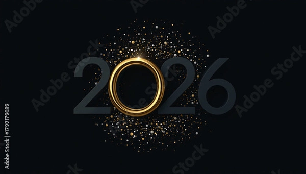 Fototapeta Elegant 2026 New Year celebration with shimmering gold and silver confetti on a sophisticated dark background, perfect for festive invitations and modern branding.