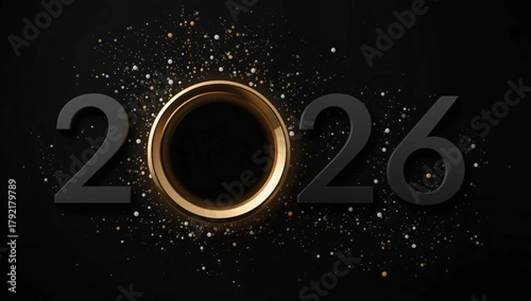 Fototapeta Elegant 2026 New Year celebration with sparkling confetti and luxurious gold accents on a sophisticated dark background