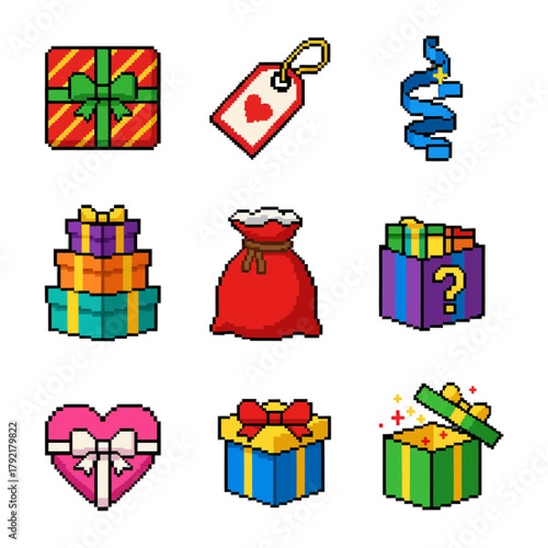 Fototapeta Pixel Art Christmas Gift Icons A Festive Collection of Festive Presents and Decorations