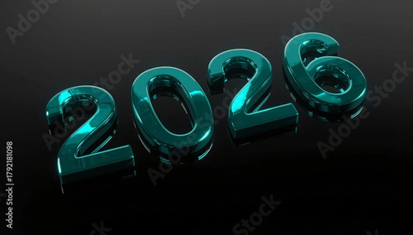 Fototapeta Stunning 3D metallic teal numbers '2026' gleam elegantly on a dark reflective surface, symbolizing future, planning, and celebration.