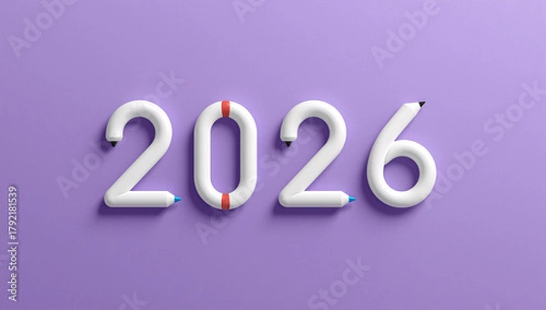Fototapeta Creative 2026 year numbers designed as markers and pencils on a vibrant purple background, perfect for New Year planning and artistic projects.