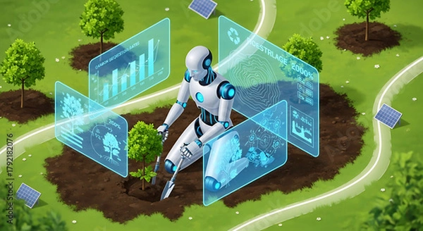 Obraz A robot planting a tree seedling surrounded by holographic data displays in a green, environmentally conscious landscape.
