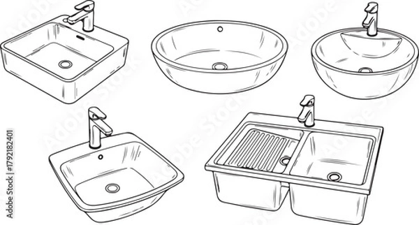 Fototapeta Collection of various sinks and faucets in a line drawing style