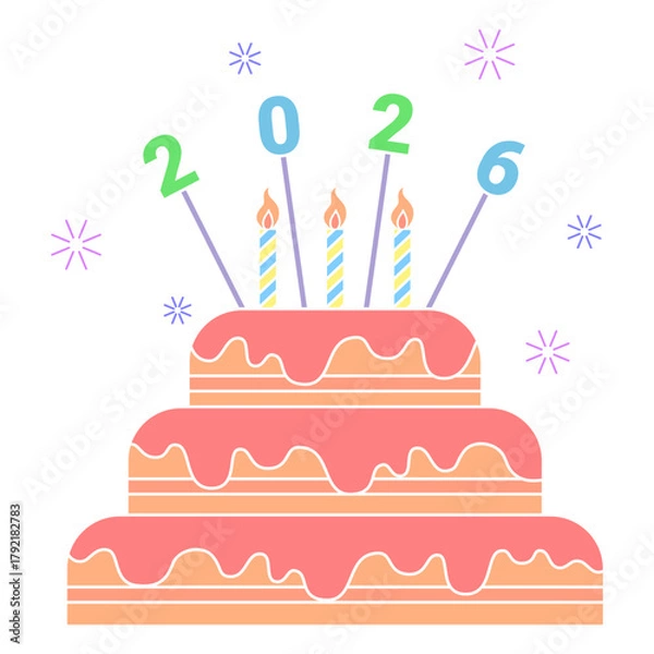 Fototapeta Vector illustration of 2026 number placed on a cake with candles on transparent background