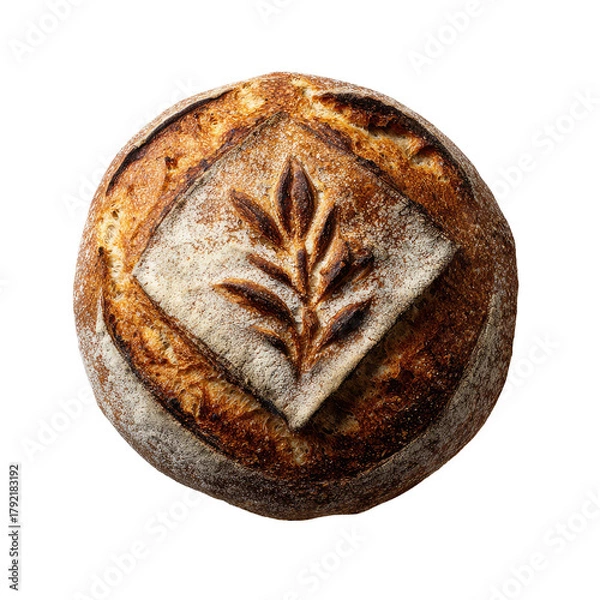 Obraz Sourdough loaf with a wheat stalk design, golden brown crust