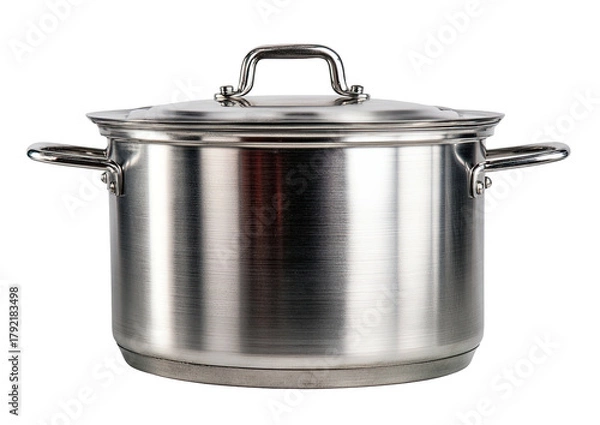 Obraz Shiny metal stock pot with lid, sturdy handles, on dark background