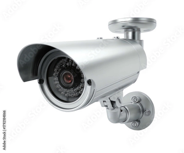Obraz Silver CCTV camera, metallic case, hood, security, wall-mounted view
