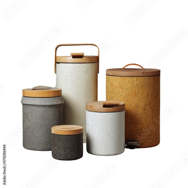 Obraz Group of textured canisters with wood lids against a black background
