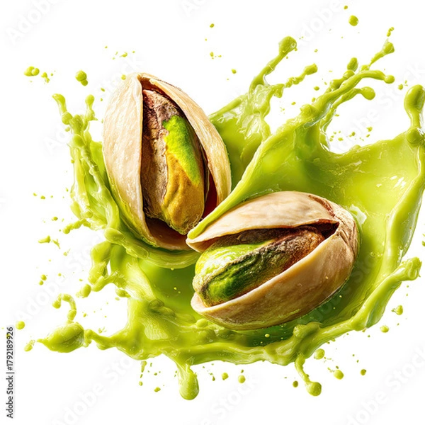 Fototapeta Two pistachios burst into a vibrant green liquid