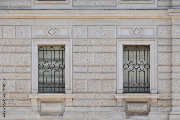 Fototapeta Prefecture Building Facade Detail with Window Grills in Trieste, Italy