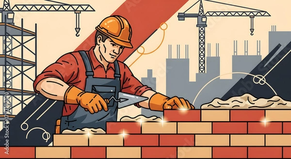 Fototapeta Skilled construction worker meticulously lays bricks, building a solid foundation for future progress, symbolizing industry and development.