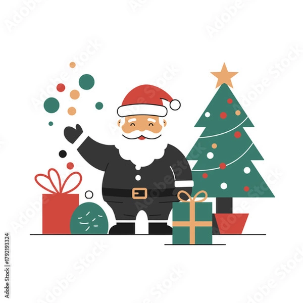 Fototapeta Festive Santa Claus with Christmas Tree and Gifts, Celebrating Holiday Season Joy