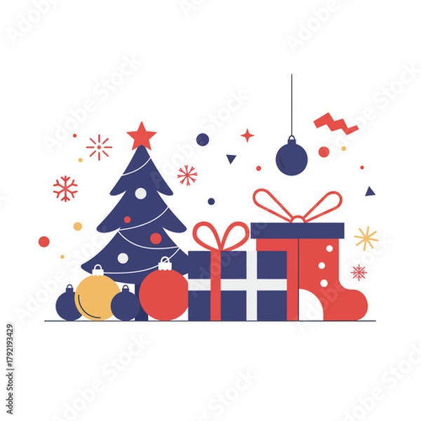 Fototapeta Festive holiday gifts, Christmas tree, and ornaments, creating a joyful scene