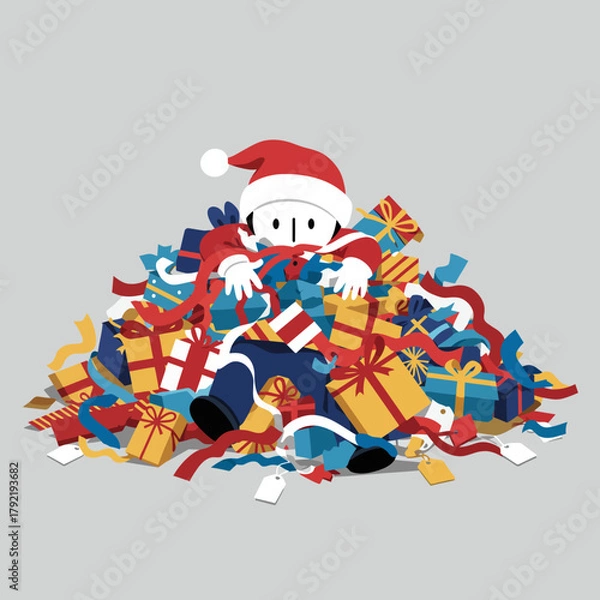 Fototapeta A generous Santa Claus is buried under a mountain of wrapped gifts and ribbons, symbolizing the abundance of holiday season giving and receiving