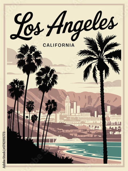 Fototapeta Mid-century linocut travel poster of Los Angeles, USA, featuring palm trees, hills in beige and teal, cursive “Los Angeles” text, and minimalist vintage California design