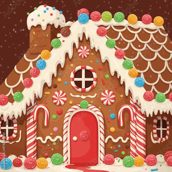 Obraz A whimsical and festive gingerbread house, beautifully adorned with colorful candies, sweet icing, and a sugary snowfall, creating a magical winter holiday scene perfect for celebrations