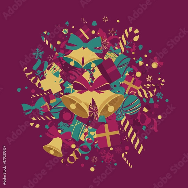 Fototapeta Joyful holiday celebration concept with a vibrant circular arrangement of Christmas gifts, bells, and festive decorations