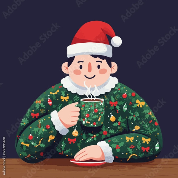 Fototapeta Happy individual in a festive, ornament-adorned Christmas sweater and Santa hat enjoys a warm hot drink, perfectly embodying the cozy and cheerful spirit of the holiday season