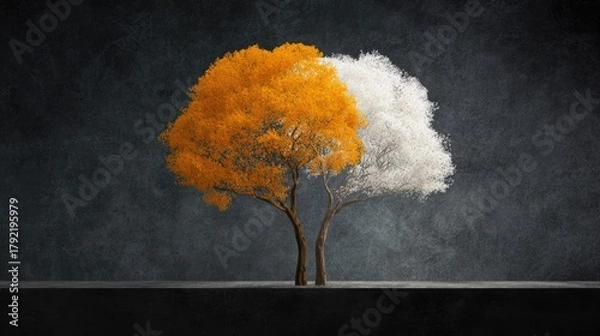 Fototapeta Two trees, one with orange leaves, the other with white leaves, against a textured dark gray background.