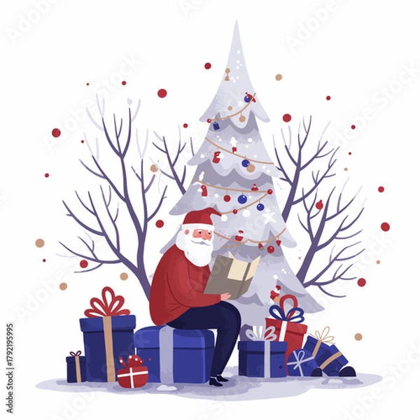 Fototapeta Charming watercolor illustration of Santa Claus reading a book while sitting on a pile of presents next to a festive Christmas tree