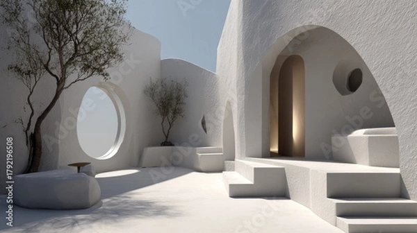Fototapeta White architectural structure with arched openings and olive trees.