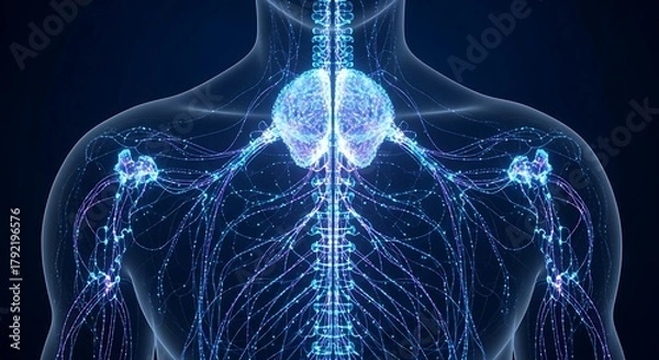 Fototapeta Stunning 3D visualization of the human nervous system with glowing brain and intricate neural pathways, perfect for medical science and technology themes