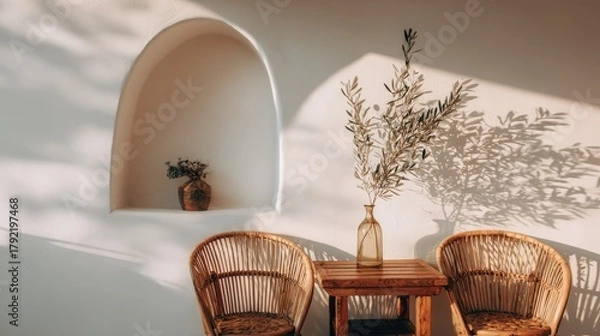Fototapeta Sunlight streams into a cozy corner with a wooden table and wicker chairs.