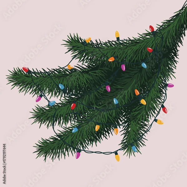 Obraz Festive evergreen branch adorned with a string of colorful Christmas lights, evoking the joyous spirit of the holiday season and winter celebrations with a vibrant glow