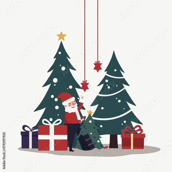 Fototapeta A festive holiday vector illustration of Santa Claus reading his list next to decorated pine trees and wrapped gifts for Christmas