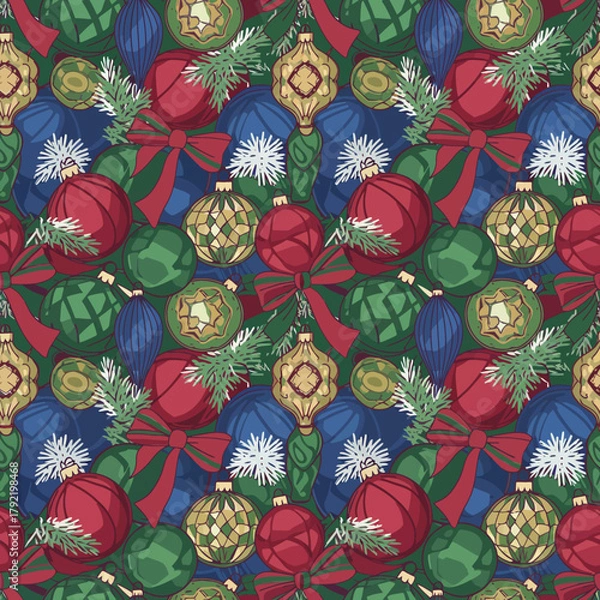 Fototapeta Classic Christmas Ornament Seamless Pattern with Festive Baubles, Red Bows, and Green Pine Branches, Ideal for Holiday Backgrounds and Seasonal Decorations