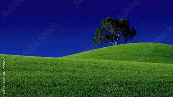 Fototapeta Lush green hills under a starlit sky.