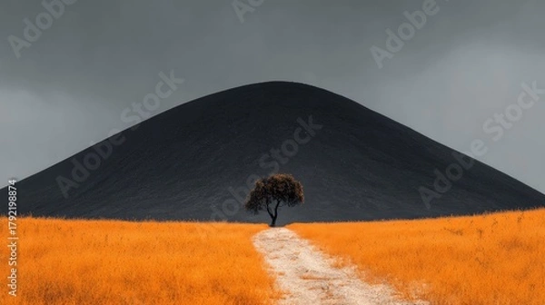 Fototapeta A solitary tree stands on a path through a field of golden grass beneath a dark hill.