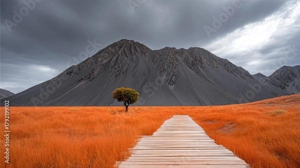 Fototapeta Wooden walkway through a field of autumnal grasses, leading to a mountain range.