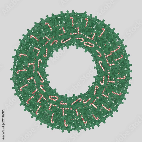 Fototapeta A beautifully rendered 3D illustration of a festive Christmas wreath, crafted from green evergreen and adorned with classic candy canes