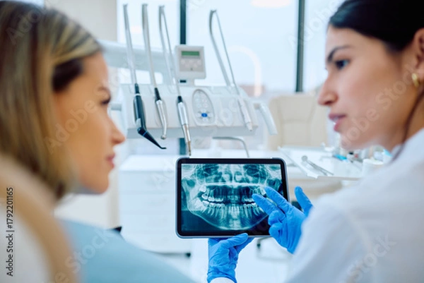 Obraz Dentist explaining dental X-ray images on a digital tablet to a patient during consultation at a modern dental clinic. Healthcare technology