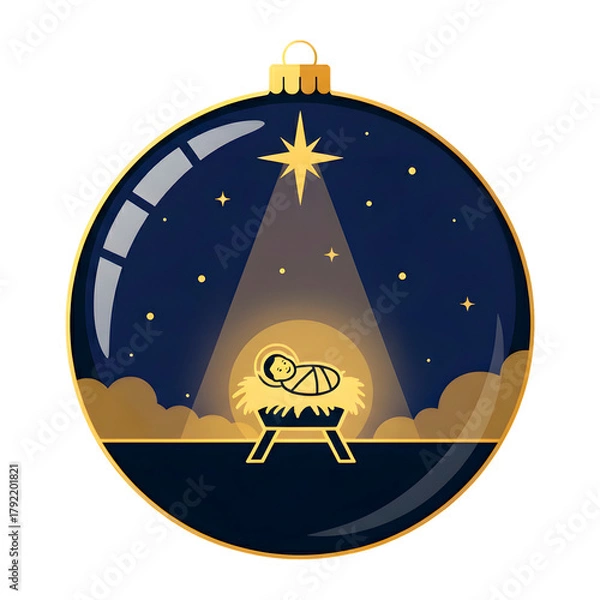 Fototapeta Baby Jesus lying in simple wooden manger, wrapped in cloth, starry night sky on Christmas ornament ball. Isolated illustration on transparent background with golden and dark blue colors