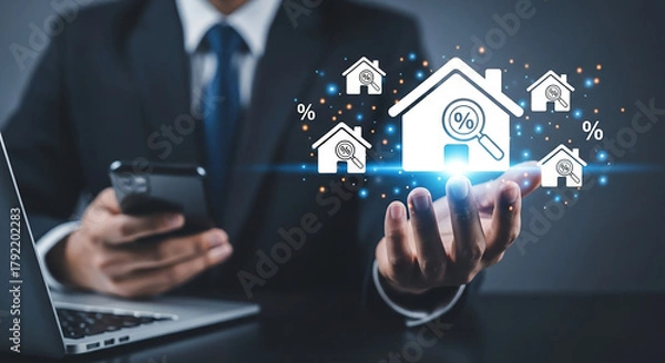 Fototapeta A businessman holding a glowing house icon with a magnifying glass over it, symbolizing real estate analysis and investment.