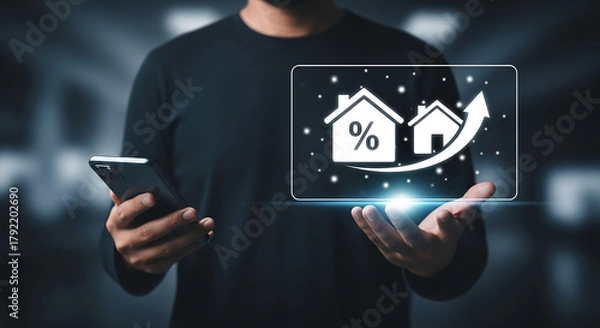 Fototapeta Man holding a smartphone and a holographic display showing a rising graph with house icons and a percentage symbol, symbolizing real estate growth and investment.