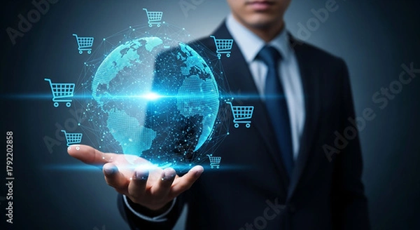 Fototapeta Businessman holding digital globe with shopping cart icons, representing global e-commerce.