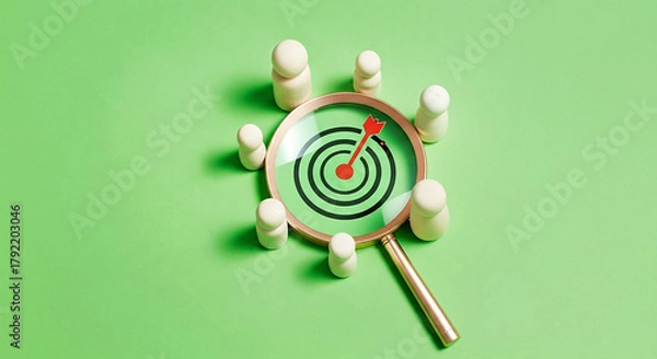 Fototapeta Magnifying glass focusing on a target bullseye surrounded by figures, representing audience analysis and marketing.