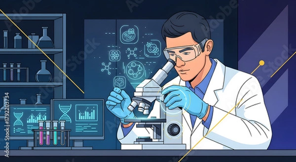 Fototapeta Focused scientist in lab coat and goggles meticulously examining sample under microscope, surrounded by digital science icons and data displays for breakthrough research