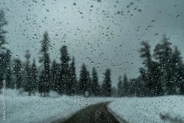 Fototapeta Blurred snowy road view through a rain-covered window with evergreen trees lining the roadside under cloudy sky