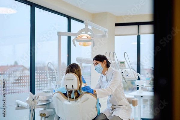 Obraz Dentistry professional in a mask and gloves preparing to examine a female patient in a modern dental office