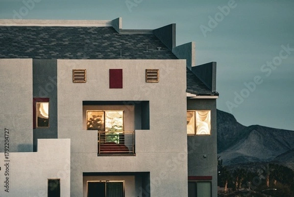 Fototapeta Modern residential building exterior with geometric design and mountain landscape in the background during sunset