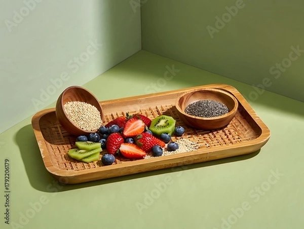 Obraz Healthy breakfast platter with fresh fruit and oats on a wooden tray