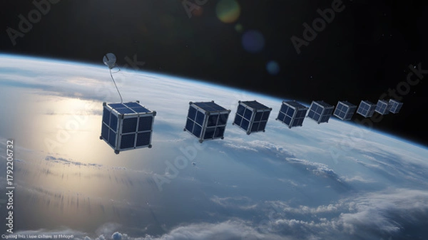 Fototapeta A fleet of small satellites or cubesats forming a constellation in orbit above planet earth s atmosphere