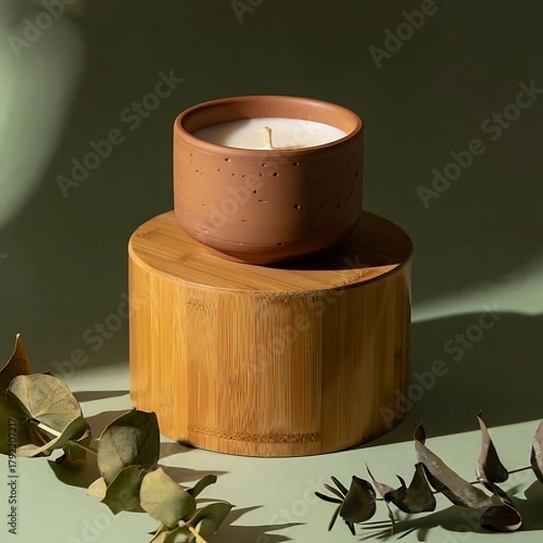 Obraz Natural scented candle in wooden holder with dried botanicals